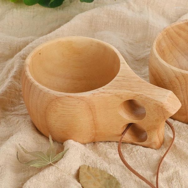 Tassen 1pc Holz Finnland Cup tragbarer Gummiholz Ganzer nordischer Stil mit Griff Hängende Schnalle Handy Milchkaffee