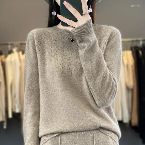 Kadın Sweaters Merino Yün Yuvarlak Boyun Hoş Gelişli Renk Uzun Kollu Kazak Kazak Sonbahar/Kış Moda Gevşek Üst Kat