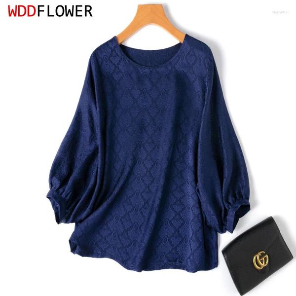 Frauenblusen Frauen Seidenbluse Mulberry 20 Momme Jacquard Navy Lose Typ O Hals 3/4 Laternenhemd Hemd Top Pullover L xl M1096
