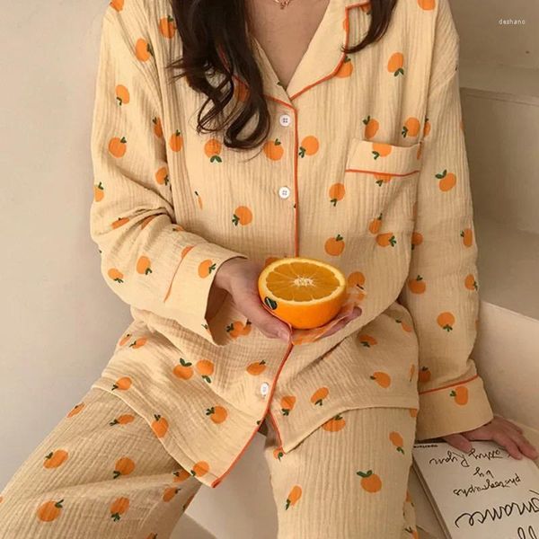 Heimkleidung Kawaii Damen Pyjamas Set Baumwolle 2 Piece Nachtwäsche Orange Anzug Frauen süße Frühlingspyjamas Langarm Pijamas Sets Nachtwäsche