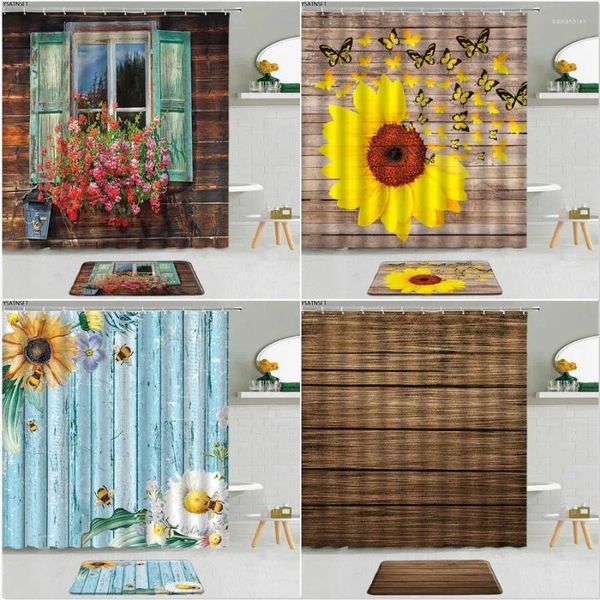 Duschvorhänge 2pcs Retro Holzbrett Blumenvorhang Fenster Blumen Sonnenblumen Schmetterling Nicht-Rutsch Bad Matte Badezimmer Tuchset Set