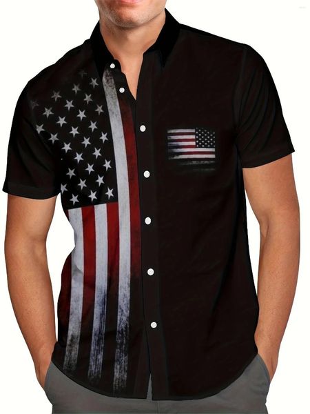 Camisas casuais masculinas Camisa de estilo vintage 3D American Flag Graphic Print Manga curta para homens plus size