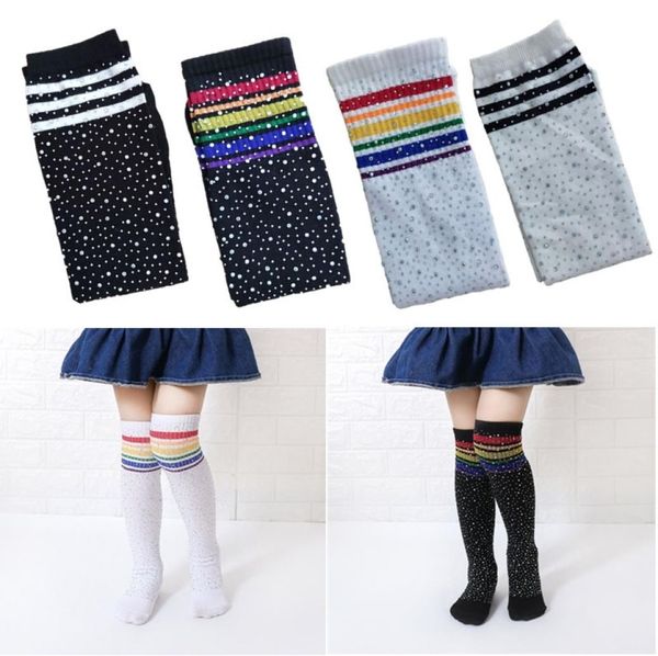 Calzini a strisce alti nuovi bambini Rhinestone Rainbow Girls Stocks Socks Girls Boys Boys Long Tube Calza di cotone caldo per 312Y Y22096827