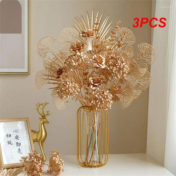 Fiori decorativi 3 pezzi 3 pcs reti foglie a tre punte cratine d'oro artificiale ginkgo eucalipto agrifoglio per l'arco di nozze arrangiamento floreale casa