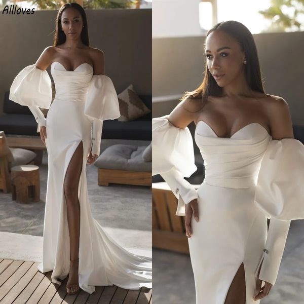 Maniche lunghe gonfie semplici abiti da sposa sirena di raso sexy coscia spaccata a cuore plus size abiti da sposa spazzano treno da donna africano moderne vestidos cl3462