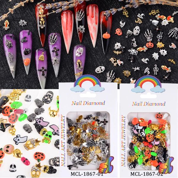 Liquidi 100pcs Nail art 3d Halloween Nail art Charm Skull Spider Rhinestone Croce vintage Croce Croce Ornament Ornament Craft fai -da -te Craft