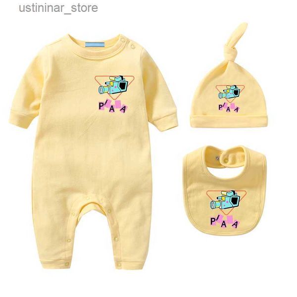 ROMPERS 100%Baumwolle Neugeborene Kinder ROMPERS HATS SETS BYME Jungen Mädchen Designer -Kleidung Drucken Overall Kurzärmel Jumpsuits Hüte 3 -teilige Set Cyd23102702 L47