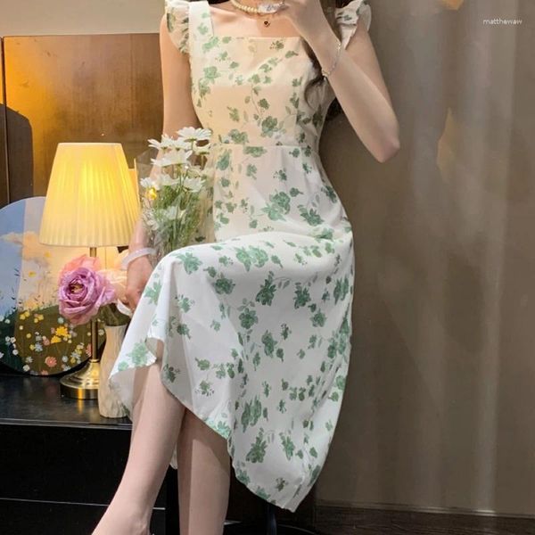 Vestidos casuais 2024 Vestido de moda de moda francesa de verão Slim Fit Sweet Green Suspender Women's Women's Women's Midi Ladies Frock30807