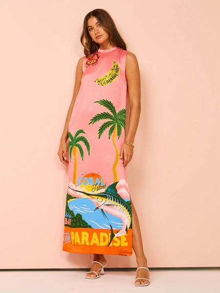 Stilvolle Dame Kontrastfarbe Tropical bedrucktes Kleid 2024 Sommer Frauen ärmello