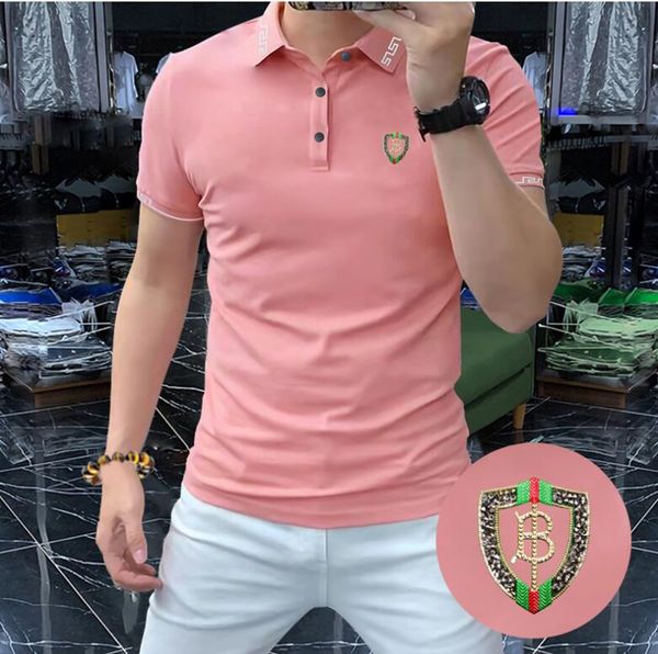 Summer Trendy Polo T-Shirts Herren Hochtemperaturdruck Bohrbohrung funkeln und leuchtende Männer sexy rosa Farbe Polo T-Shirt Mode High Street Herren Polos 4xl