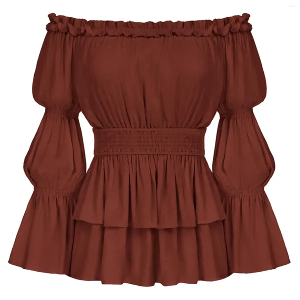 Damenblusen Steampunk Pirat Hemd Renaissance Bauernbluse von den Schultertimen Trompetenhülle Smocked Wench Chiffon