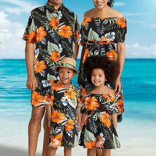 Verão masculino meninos meninos familiares familiares combinando roupa floral padrão mãe vestido pai filho filho 2 peças terno de férias desgaste 240327