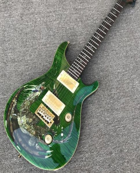 1999 Özel Stok Paul Reed Dragon 2000 Yeşil Alev Maple Top Electric Guitar Abalone Kuşları Kilitleme Tremolo Ahşap Bo1853573