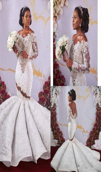 Shinny Crystal African Off Spalla Mermaid Wedding Obetes Maniche lunghe di lusso Abito da sposa a pizzo Sheer Lace Plussure Custom 5765077