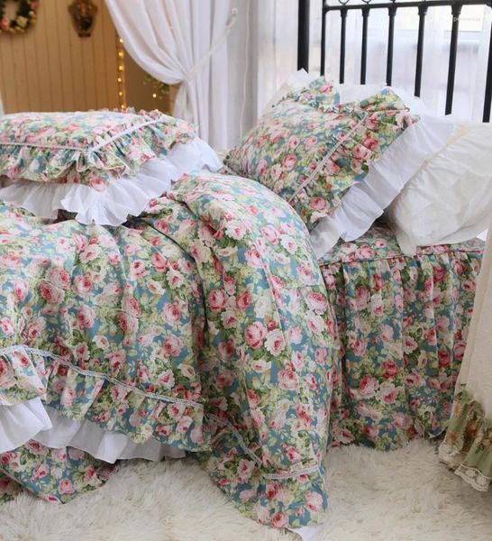 Bedding Sets Roman Rose Set Princess Ruffle Lace Tampa Cobertão Qualidade Casamento de algodão Roundos de lençóis para rei