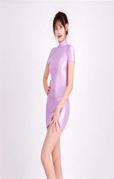 Feminino de óleo brilhante vestido de corpo brilhante trajes de manga curta Mini vestidos de festa vestidos de festa clubwearwear