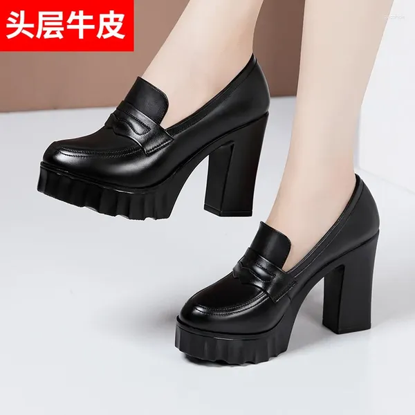 Elbise ayakkabıları 10cm küçük boyut 32-43 gerçek deri siyah ayakkabı kadın blok yüksek topuklu pompalar 2024 kalın dip platform model ofis çalışması