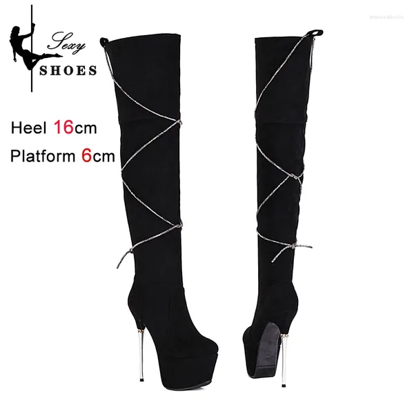 Stiefel Frauenplattform über dem kniebartigen Herbst Winter Dame Schuhe Strass Stöcketto Heels Plus Size Stripper Long Femme