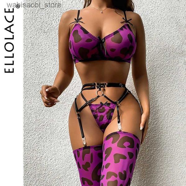 Set sexy Ellolace Fine leopardo Lingerie con calze Sexyporn Mianue perizoni di lussuoso giarrettiera in pizzo Grido