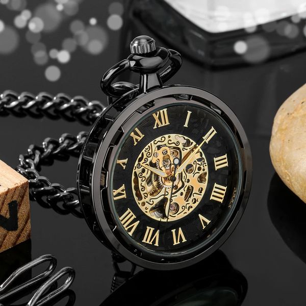 Numbers romanos de rosto aberto exibem mecânica Hand Winding Pocket Watch Relógio de moda elegante Presente de relógio manual para masculino 240327