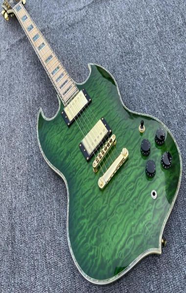Custom L5 Trans grün gestepptes Mape Top SG Doppelausschnitts E -Gitarre Abalone Binding Inlay Gold Hardware7552980