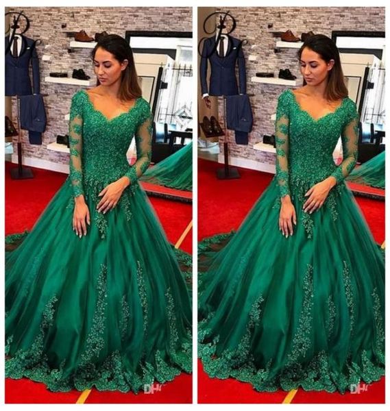 2018 Arapça mütevazı yeşil balo elbisesi gece elbiseleri v boyunlu şeffaf uzun kollu robe de soiree resmi balo elbisesi vestido de fiesta8531698