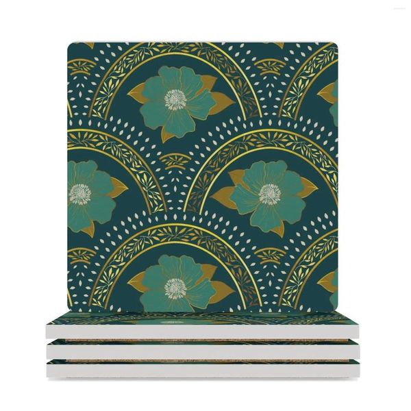 Mats de mesa Viária - Art Deco Style Hybiscus Gold and Teal Green Emerald Ocre Amarelo Coasters (quadrado)