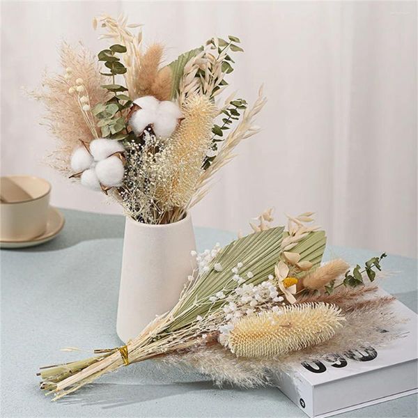 Flores decorativas Boho Casamento Decoração de arranjo misto de plantas secas Bunco de flores preservadas Rose seca Palma Pampa Grass Bouquet