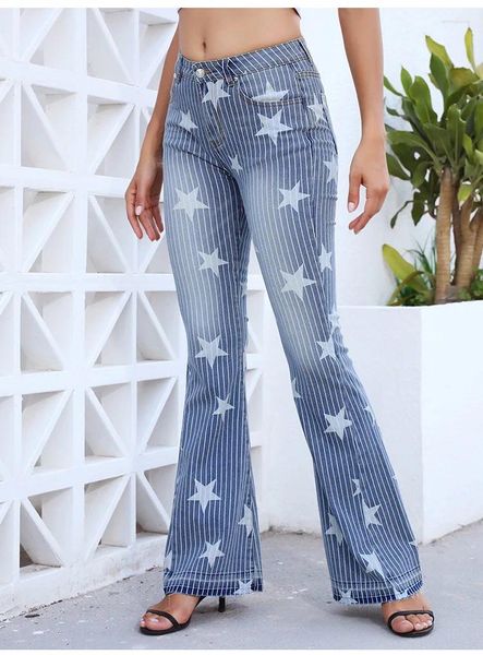 Jeans femininos Jeanswomen Spicy Girls Street Fashion Fashion Stripe Print Star Padrão Piso Sweeping Horn