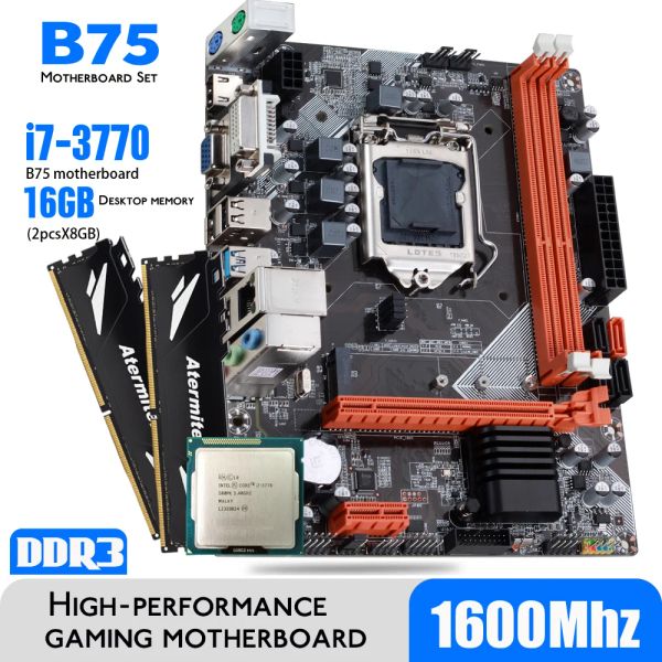 Motherboards Atermiter B75 Motherboard -Set mit Core i7 3770 2 x 8 GB = 16 GB 1600 MHz DDR3 Desktop Speicher Kühlkörper USB3.0 SATA3