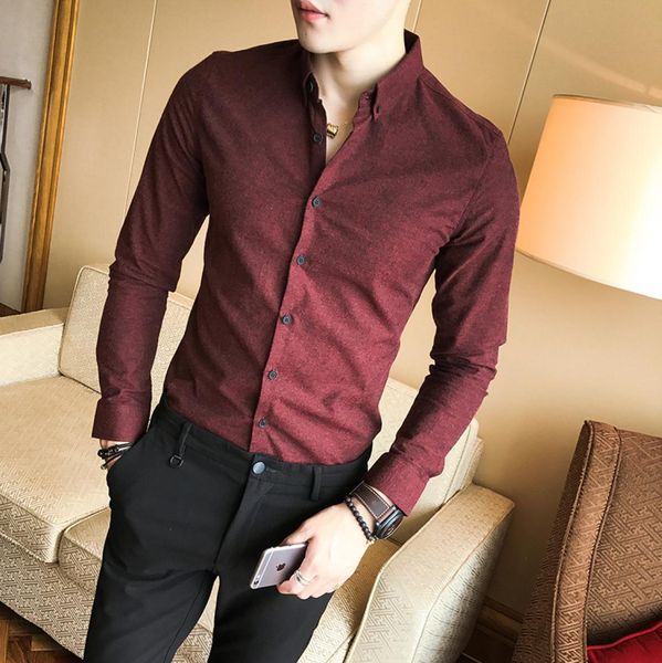 Camisa de negócios coreana de cor pura Men039s Longsleeeved Noniron Trendy Blesth Casual Men039S Wine Red Shirt87777714