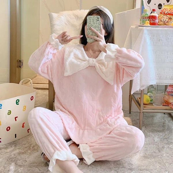 Roupa em casa Rosa coloração de retalhos de coloração Conjunto de lingerie íntima feminino coral lã de lã de sono 2pcs pijamas terno de manga longa pijamas