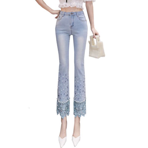 Jeans de renda e borda de borda babados na bainha, calça de buzina de diamante quente de diamante quente de pérolas pesadas femininas, 9 pontos de fada pequena fresca