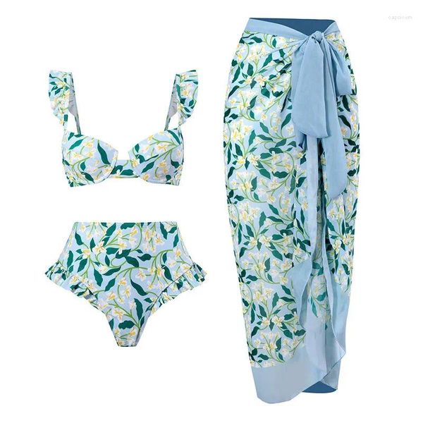 Swimwear femminile 2024 Fashion Two pezzi Swimsuit Bikini e Skirt Summer Women Leaf Leaf Stampa di lusso Elegante costume da bagno elegante