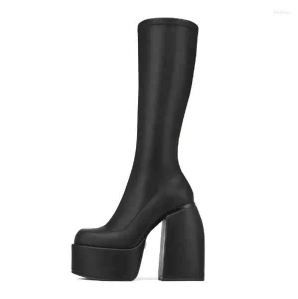 Stivali in tessuto allungato signore piattaforma tacco quadrato lungo zapatillas de mujer punta rotonda sopra il ginocchio botas femminile da donna scarpe da donna