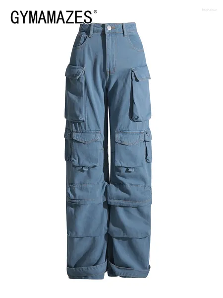 Kadınlar Kot pompanamazes mavi denim kargo pantolon kadınlar için yüksek bel eklenmiş düğme patchwork cepleri gevşek pantolonlar kadın yaz giysileri