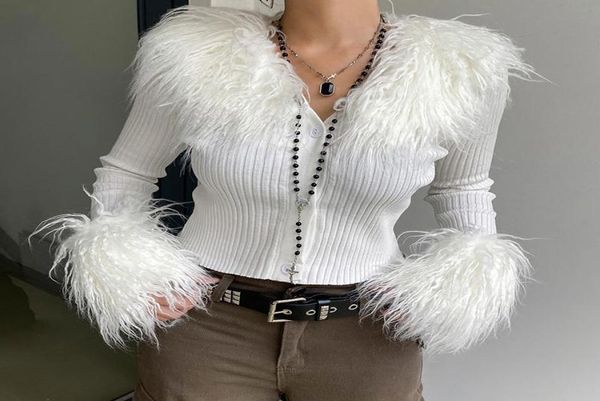 Women039s Jackets Moda Y2K Mulheres Faux Fur Tow Gollar Cuffs Cardigan Vneck Sweater de manga comprida Vintage Estética FL3188345