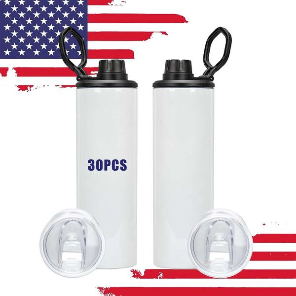 USA Warehouse 20oz unzerbrechlich weißer weißer Edelstahl -Becher -Sublimation Sportwasserflasche mit Stroh 2 Deckel