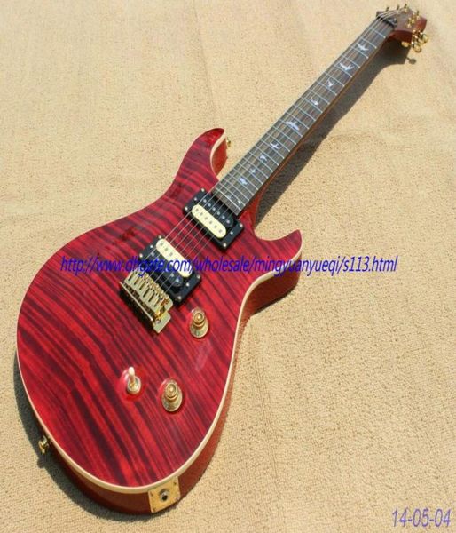 Nova guitarra elétrica da marca Veja através de peças de ouro vermelho com grãos de chama no corpo Top8982853