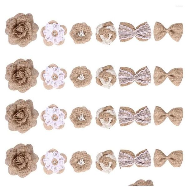 Dekorative Blumen Kränze 24 pcs natürliche Sackleinen Mini Leinen Bowknot Ribbon Spitze Blume Verzierung Ornament für DIY Crafts Christma Dhreb