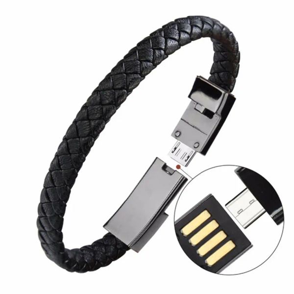 Cabos de carregador de pulseira de couro Bracelets USB Bracelets carregamento Cabão Cabo de sincronização 22.5cm Chargers Fast para Android Telefone Presente LL