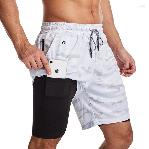 Shorts masculinos executando bolsos de telefone celular rápido seco de calças curtas esportes de fitness casual
