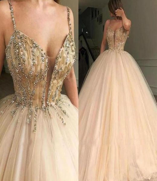 Champagne Quinceanera Abiti Spaghetti Strappa senza maniche Formale 2021 Princess Gold Beading Sweet 16 Ages Girls Prom Party Pageant 5515395