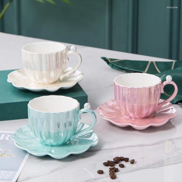 Tazze di piattini in ceramica tazza di caffè perla e set di piattino creativo per la colazione luminosa latte pomeriggio succo di tè per tè tazza in porcellana