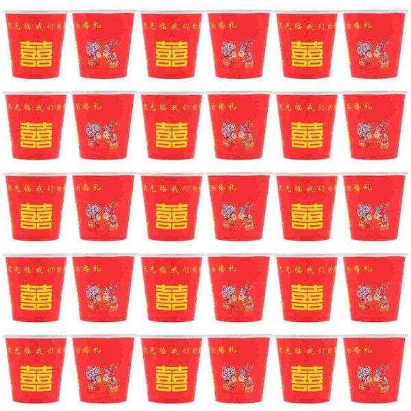 Copas descartáveis palhas 100 pcs vermelho dupla felicidade de vidro drabing suportes de festas de festas em papel recipientes de bolo de banquete