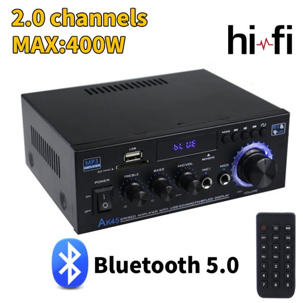 Усилитель AK45 Hifi Digital усилитель приемник 40WX2 Bluetooth 5.0 MP3 Channel 2.0 Sound Amp Support 90V240V для домашнего автомобиля Max 400W*2