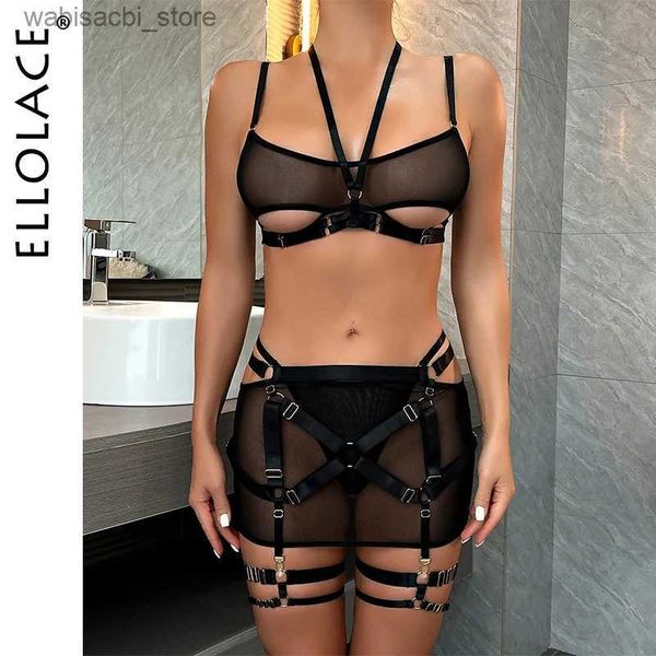 Set sexy Ellolace Fetish Lingerie G-String Thong Luxury Mindrowwear Cuting 5 pezzi Gridore trasparente Halter Bra Fine Bilizna Exotic Bilizna Set L2447