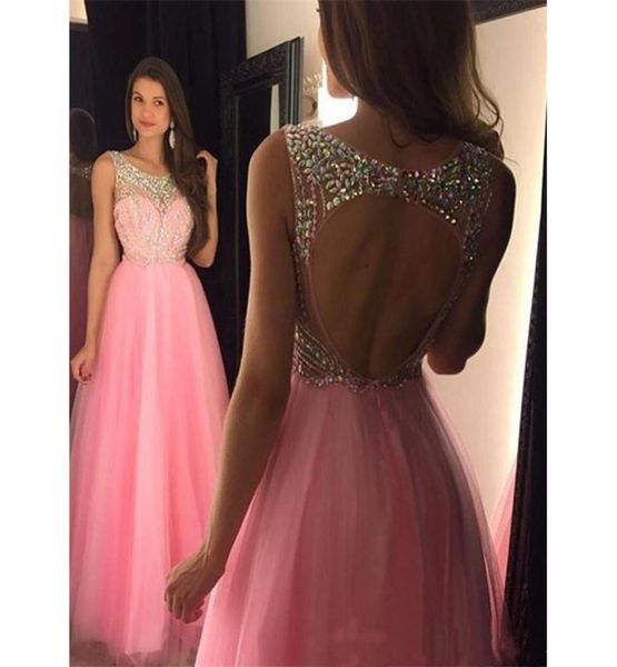 Vestidos de baile brilhantes de shinestone feitos personalizados TULLE PINK A LINHA UMA VIDOS DE FESTO NOVIMENTE ABERTO DE VELAMENTO SEXY Cocktail formal8937894