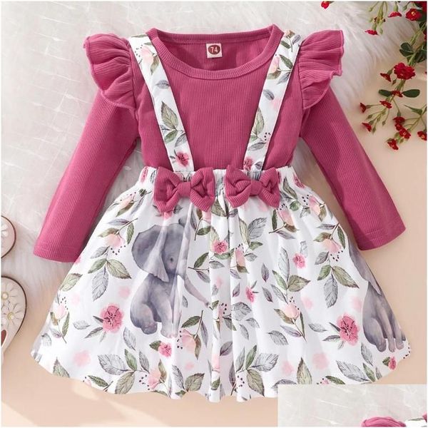 Set di abbigliamento 2024 Autunno inverno Childrens indossare ragazze a manica lunga collo rotondo a colori solidi Triangolo ganer Elephant Stampa Dress Dr Otgju