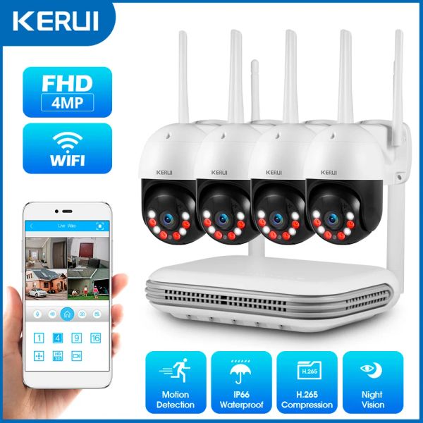 Sistema Kerui H.265 2K 4MP HD CCTV wireless Sistema impermeabile PTZ WiFi IP Security Camera 8ch NVR Surveillance Kit Audio a due vie